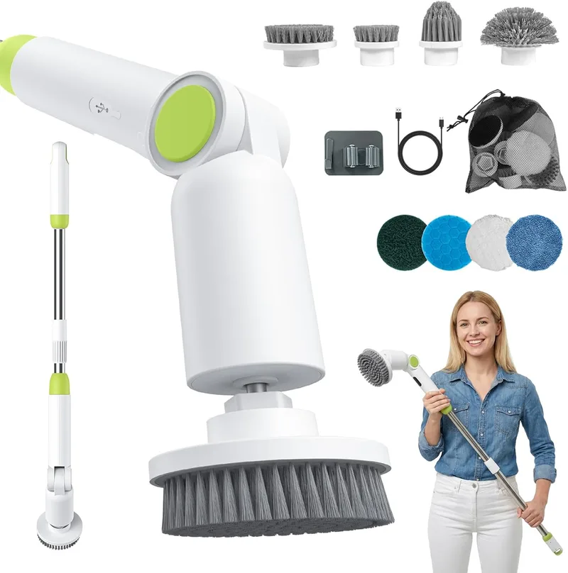 BioAura ▫️ Escova elétrica para limpeza doméstica, escova elétrica de limpeza com cabeças substituíveis e cabo telescópico ajustável para a casa, casa de banho, pavimentos, cozinha e azulejos
