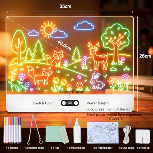Anmossi ▫️ Quadro LED recarregável, 35 x 26 cm. Quadro LED luminoso para escrever para crianças, 8 cores, 3 modos de iluminação, apagável, quadro mágico acrílico, presente criativo para crianças – Branco 2