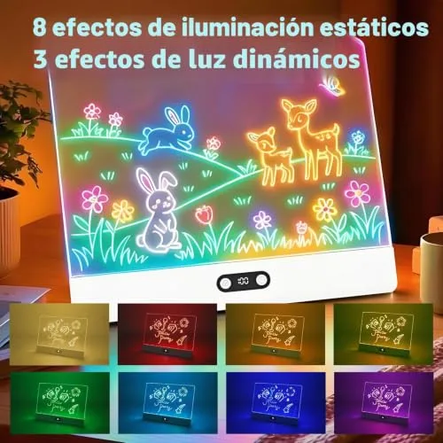 Anmossi ▫️ Quadro LED recarregável, 35 x 26 cm. Quadro LED luminoso para escrever para crianças, 8 cores, 3 modos de iluminação, apagável, quadro mágico acrílico, presente criativo para crianças – Branco 3
