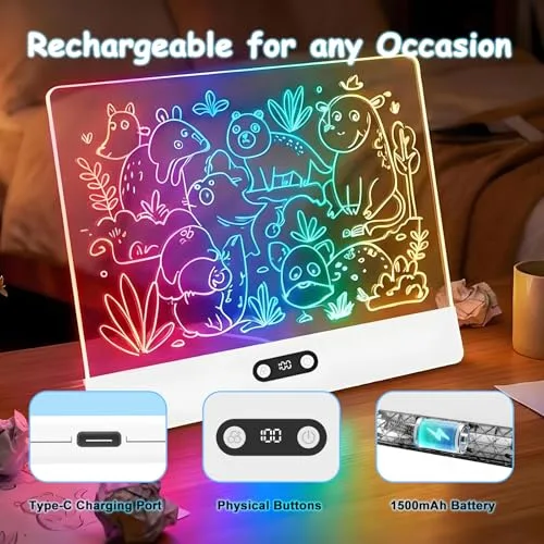 Anmossi ▫️ Quadro LED recarregável, 35 x 26 cm. Quadro LED luminoso para escrever para crianças, 8 cores, 3 modos de iluminação, apagável, quadro mágico acrílico, presente criativo para crianças – Branco 4