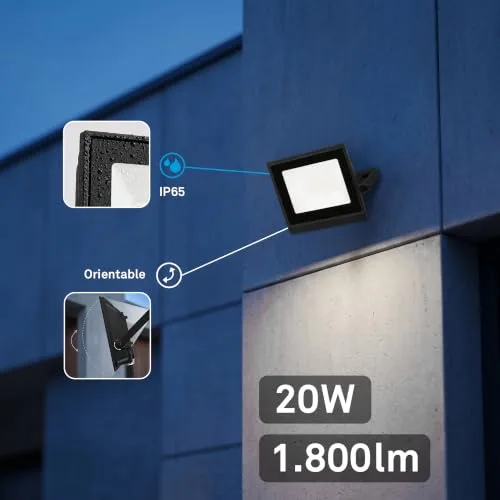 Briloner ▫️ Foco LED para exterior com luz branca neutra, 20 W, 1800 lm, orientável, IP65 resistente ao pó e à água, projetor LED para exterior, para jardim e garagem, 11 x 14,5 x 3 cm, preto 3