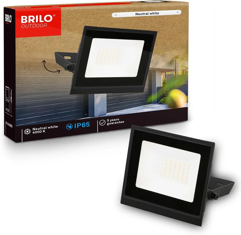 Briloner ▫️ Foco LED para exterior com luz branca neutra, 20 W, 1800 lm, orientável, IP65 resistente ao pó e à água, projetor LED para exterior, para jardim e garagem, 11 x 14,5 x 3 cm, preto