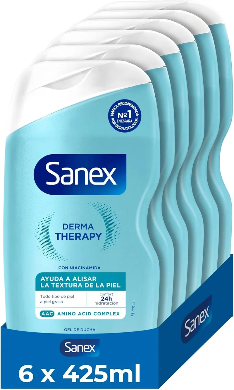 Sanex ▫️ Derma Therapy Gel de Banho, 6 x 425 ml | Gel de banho para o acne que ajuda a uniformizar a textura da pele | Para todos os tipos de pele, incluindo a oleosa | Complexo de aminoácidos com niacinamida