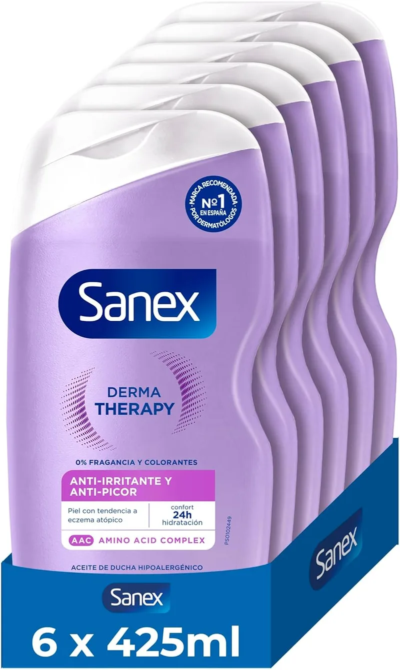 Sanex ▫️ Derma Therapy, Óleo de Banho Anti-Irritante, Embalagem de 6 x 425 ml | Óleo de banho para pele atópica, Reduz a irritação em 3 dias, Hipoalergénico, Hidratação durante 24 horas, 90% natural, 0% de sulfatos