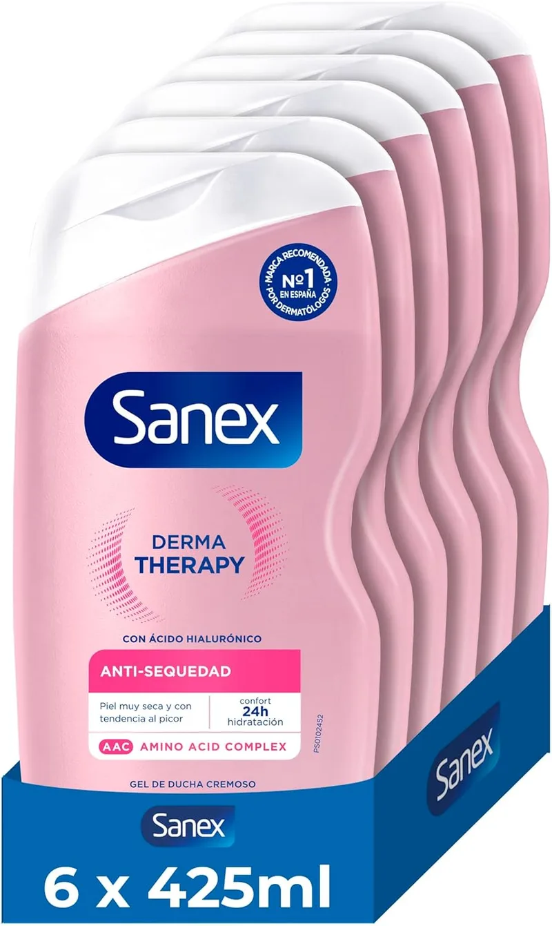 Sanex ▫️ Derma Therapy Anti-Secura Gel de Banho Cremoso, 6 x 425 ml | gel de banho para pele seca | alivia a secura e reduz a comichão | complexo de aminoácidos com ácido hialurónico | 0% de sulfatos**