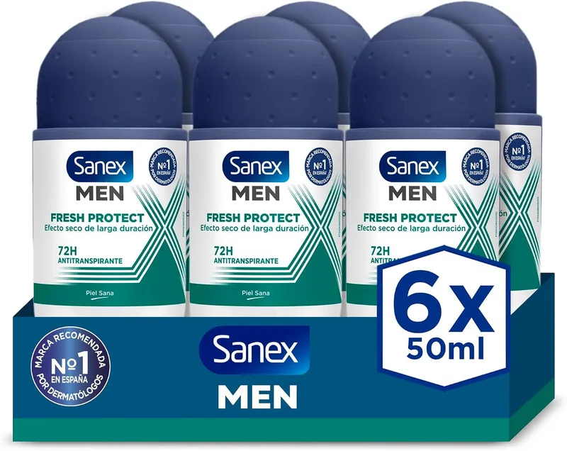 Sanex ▫️ Men Fresh Protect, Desodorizante Antitranspirante Roll-On para Homem, 6x50 ml