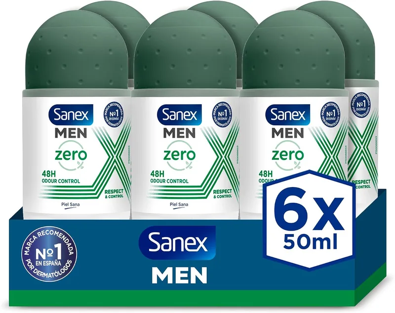 Sanex ▫️ Zero% Respect & Control, Desodorizante Roll-On, Embalagem de 6 x 50 ml