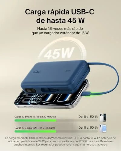 Belkin ▫️ Bateria externa UltraCharge de 20 000 mAh com cabo USB-C e ecrã - Azul 5