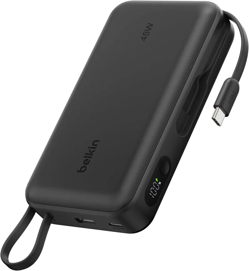 Belkin ▫️ Bateria externa UltraCharge de 20 000 mAh com cabo USB-C e ecrã - Preto | Power Bank de 20 000 mAh, 1 porta e 1 cabo USB-C, 1 porta USB-A, 45 W, LED, adequada para bagagem de mão e com ecrã