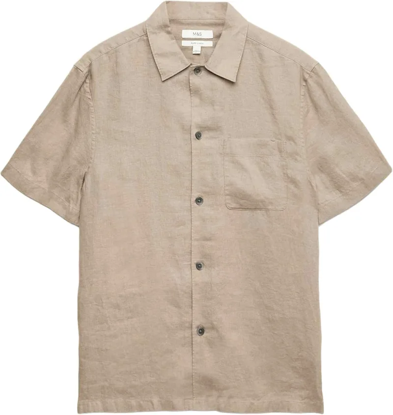 Marks & Spencer ▫️ Camisa de manga curta em linho puro para homem, corte normal, gola clássica, respirável
