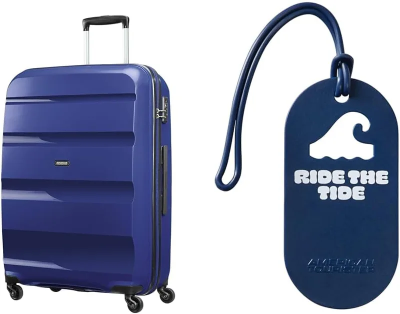 American Tourister ▫️ Mala Bon AIR Spinner L, 75 cm, azul, com etiquetas de bagagem, Ride the Tide