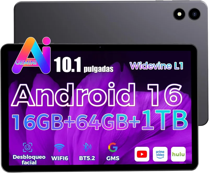 RebotAi ▫️ 2026 mais recente Tablet Android 16 de 10 polegadas, Gemini Ai, 16GB RAM + 64GB ROM + 1TB TF, GMS, Widevine L1, 5G Wi-Fi6, BT5.2, Fino e leve, Desbloqueio facial, Espelhamento de ecrã sem fios