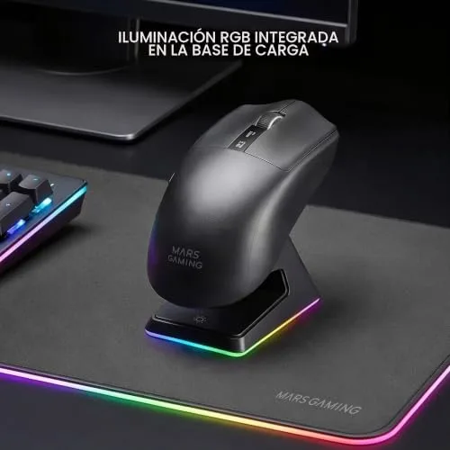 Mars Gaming ▫️ MMW-Elite, Rato sem fios para jogos, Bluetooth 5.4 + 2.4GPRO + Cabo, Sensor ótico PixArt PAW3311PRO 20 000 dpi, Ultraleve 69 g, 6 botões, ecrã OLED, base de carregamento magnética RGB, preto 3