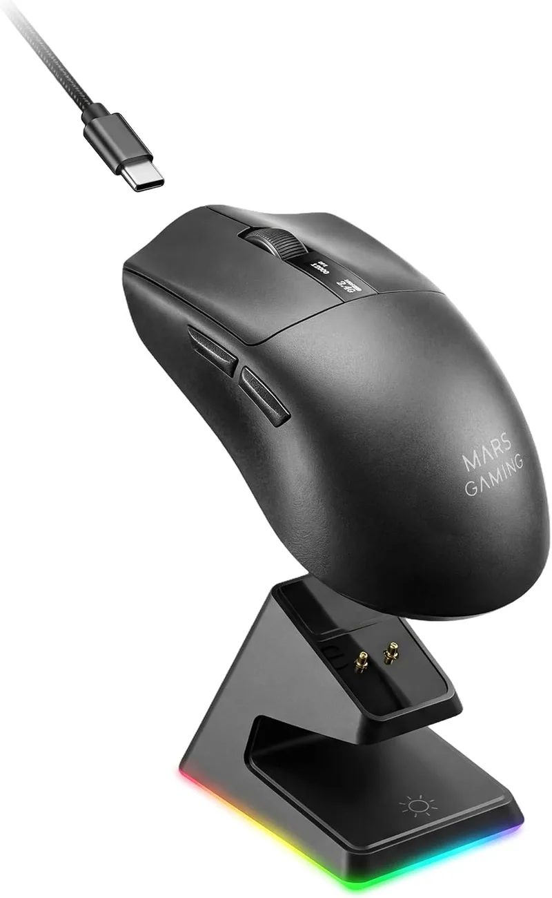 Mars Gaming ▫️ MMW-Elite, Rato sem fios para jogos, Bluetooth 5.4 + 2.4GPRO + Cabo, Sensor ótico PixArt PAW3311PRO 20 000 dpi, Ultraleve 69 g, 6 botões, ecrã OLED, base de carregamento magnética RGB, preto