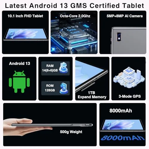 DEERTiME ▫️ Tablet de 10 polegadas, Android, 14 GB de RAM + 128 GB de ROM/TF de 1 TB, Octa-Core a 2,0 GHz, Wi-Fi 5G, BT 5.0, Áudio de 3,5 mm, Bateria de 8000 mAh, Câmara de 5+8 MP, Widevine L1, Tablet com capa, rato e teclado - Cinzento 2