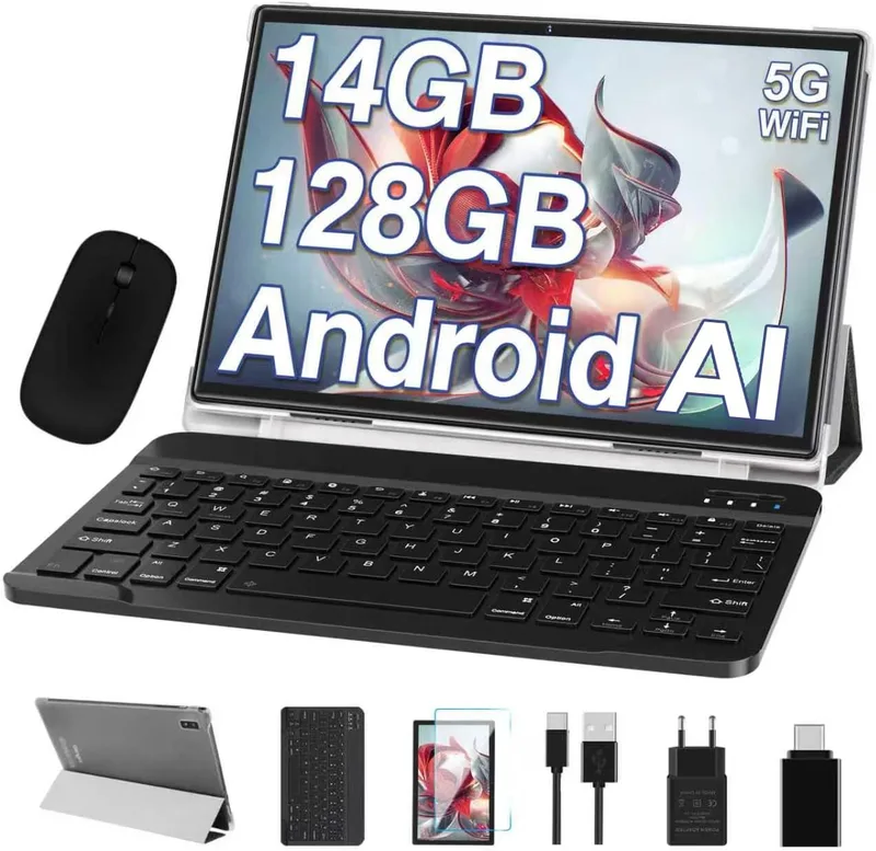 DEERTiME ▫️ Tablet de 10 polegadas, Android, 14 GB de RAM + 128 GB de ROM/TF de 1 TB, Octa-Core a 2,0 GHz, Wi-Fi 5G, BT 5.0, Áudio de 3,5 mm, Bateria de 8000 mAh, Câmara de 5+8 MP, Widevine L1, Tablet com capa, rato e teclado - Cinzento