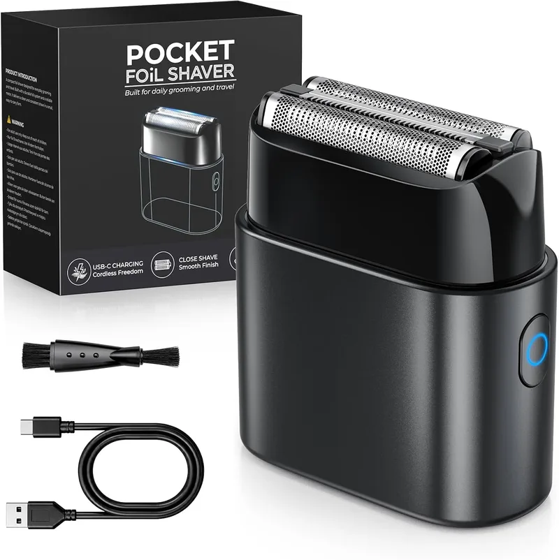 Haokoo ▫️ Máquina de Barbear Elétrica Foil Shaver para Homem, Portátil e Recarregável via USB-C | Máquina de barbear de bolso de 90 g com bateria de 90 minutos, tela ultrafina de 0,05 mm para pele sensível, classificação IPX7 e tampa magnética.