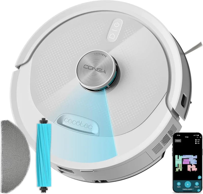 Cecotec ▫️ Robô aspirador e esfregador de pisos com navegação a laser Conga M80 Pearl. Potência de sucção de 25 000 Pa, autonomia de 240 min, escova de silicone para animais de estimação, Bluetooth e Wi-Fi, controlo através da aplicação