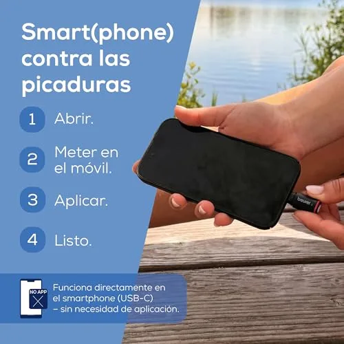 Beurer ▫️ BiteX Go Deep Black – Aparelho contra picadas de insetos para smartphone, tratamento de mordidas e picadas, alivia a comichão, para telemóveis Android e iPhone (USB-C), com luz 3
