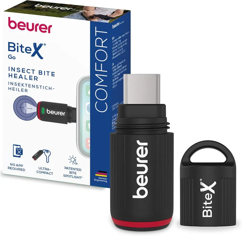 Beurer ▫️ BiteX Go Deep Black – Aparelho para picadas de insetos para smartphone, tratamento de mordidas e picadas, alivia a comichão, para telemóveis Android e iPhone (USB-C), com luz