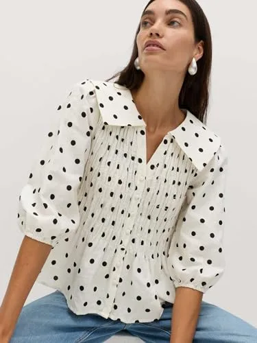 Marks & Spencer ▫️ Blusa franzida com bolinhas, rica em linho, para mulher, justa ao corpo, com peplum na parte inferior e manga curta 2