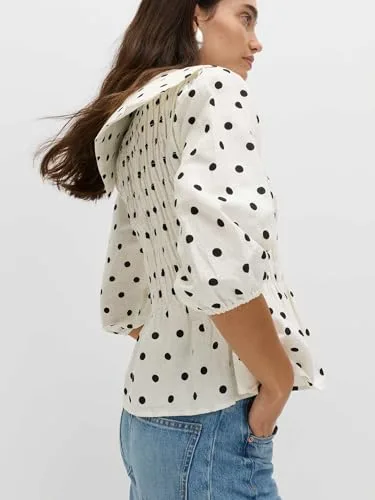 Marks & Spencer ▫️ Blusa franzida com bolinhas, rica em linho, para mulher, justa ao corpo, com peplum na parte inferior e manga curta 3