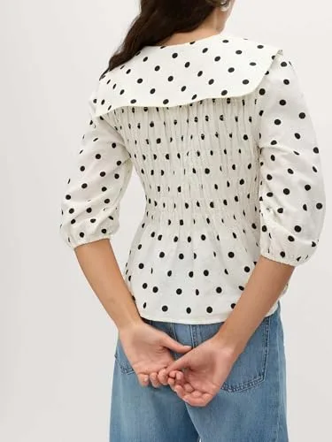Marks & Spencer ▫️ Blusa franzida com bolinhas, rica em linho, para mulher, justa ao corpo, com peplum na parte inferior e manga curta 5