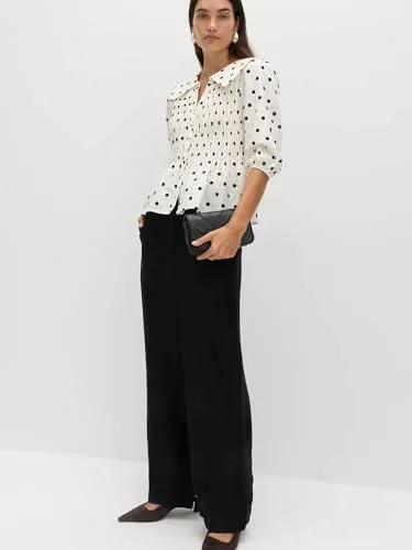 Marks & Spencer ▫️ Blusa franzida com bolinhas, rica em linho, para mulher, justa ao corpo, com peplum na parte inferior e manga curta 6