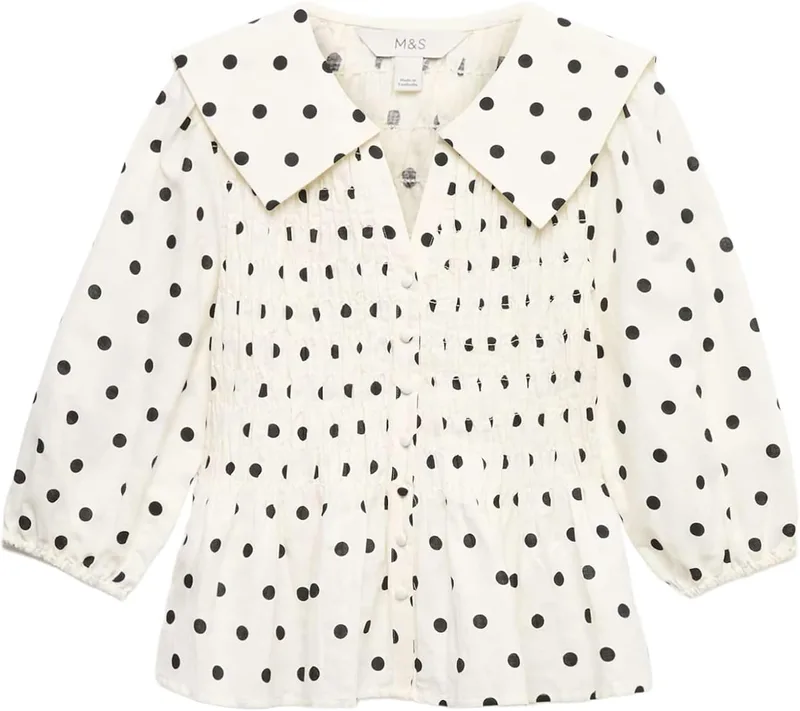 Marks & Spencer ▫️ Blusa franzida com bolinhas, rica em linho, para mulher, justa ao corpo, com peplum na parte inferior e manga curta