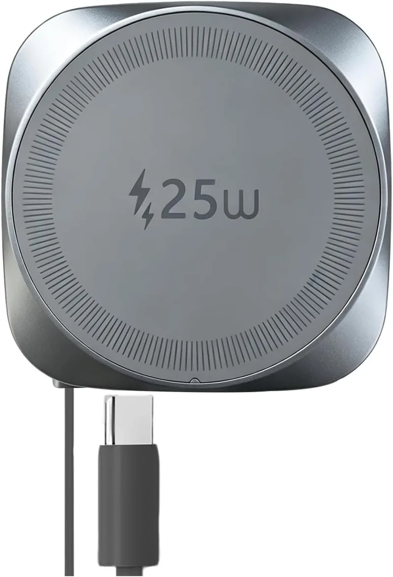 Kitbox ▫️ Carregador magnético sem fios de 25 W com cabo USB-C retrátil de 70 cm, carregador rápido Qi 2.2 para iPhone 17/16/15, etc., carregador sem fios portátil para Samsung Galaxy, Pixel e dispositivos Qi, cinzento