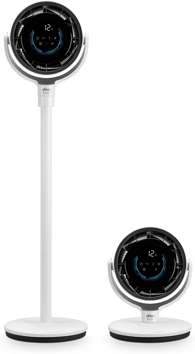 Ufesa ▫️ Ventilador Kodiak SilentAirMotion Circulador de Ar 3D, Motor sem escovas, 24 W, Sistema Vortex Motion, 12 velocidades, 3 modos, Oscilação 3D, Ecrã tátil LCD, Ajustável, Comando à distância