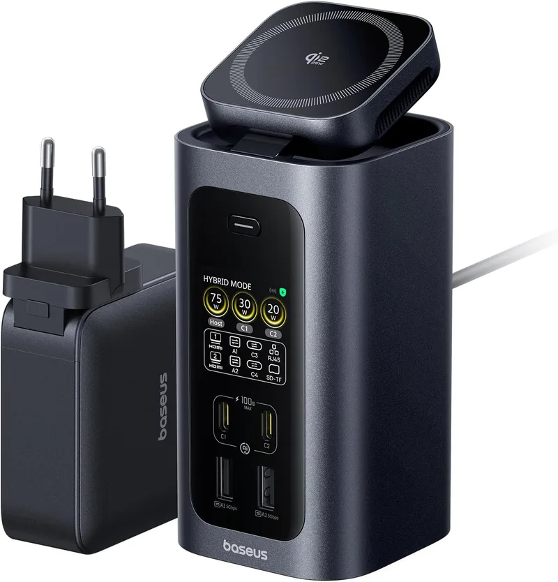 Baseus ▫️ Estação de acoplamento Spacemate Pro 15-em-1 para 2 monitores Windows com carregador GAN de 180 W, saída máxima de 160 W para 4 dispositivos, carregamento sem fios Qi2.2 de 25 W, ecrã inteligente, HDMI 4K a 120 Hz, USB-C a 10 Gbps