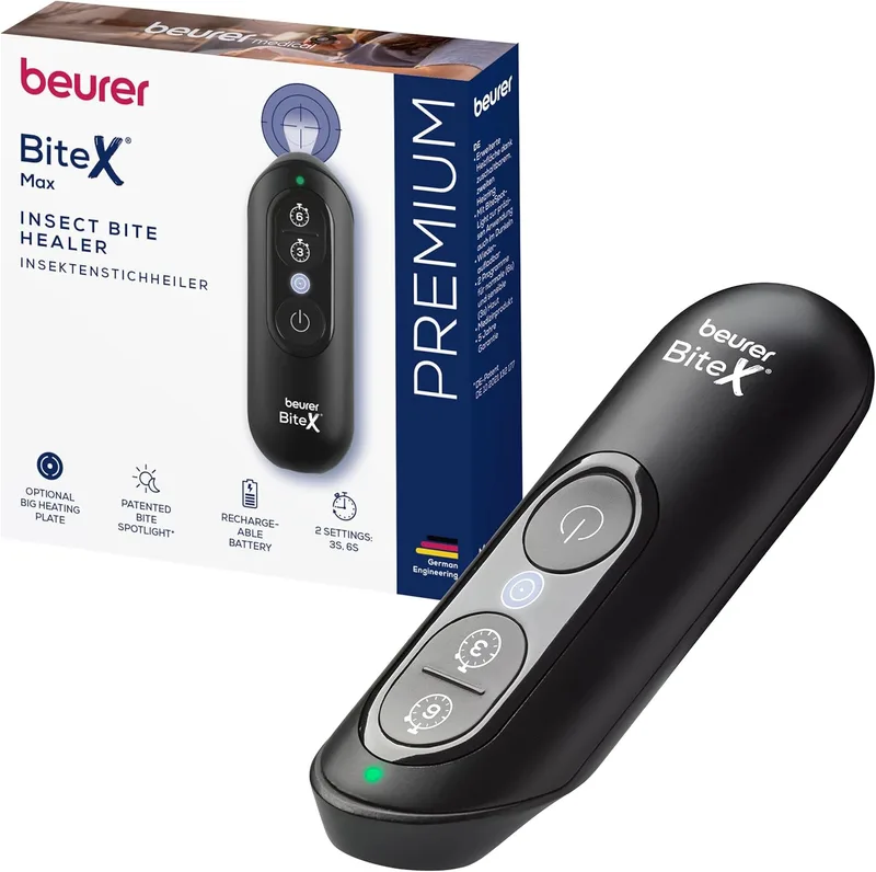 Beurer ▫️ BiteX Max Deep Black Dispositivo de proteção contra picadas de insectos com maior superfície de aquecimento, para o tratamento de picadas e ferroadas de insectos, com luz, bateria recarregável