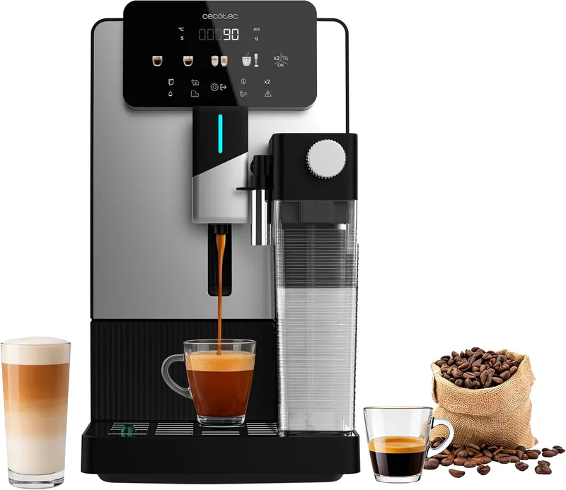 Cecotec ▫️ Máquina de café expresso superautomática Cremmaet Latte Art Elite. 1500 W, 19 bar, Thermoblock, 6 bebidas, depósito de café de 150 g, moedor cónico, limpeza automática, depósito de água de 1,1 L e de leite de 400 ml