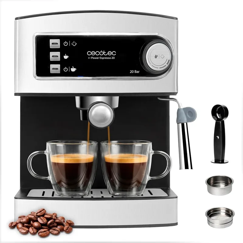 Cecotec ▫️ Máquina de café expresso manual Power Espresso 20 Elite. 850 W, pressão de 20 bar, depósito de 1,5 L, braço com saída dupla, vaporizador, superfície aquecedora de chávenas, acabamentos em aço inoxidável