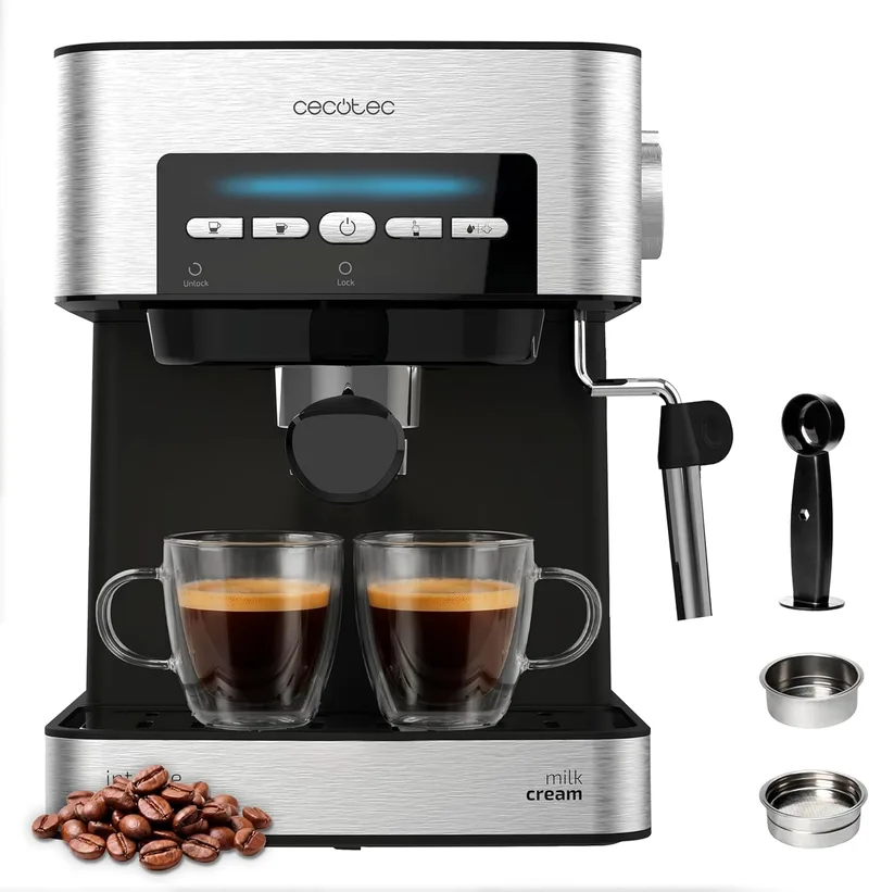 Cecotec ▫️ Máquina de Café Expresso Power Espresso 20 Matic Elite. 850 W, pressão de 20 bar, depósito de 1,5 litros, bico de vapor orientável, controlo digital, modo automático, aço