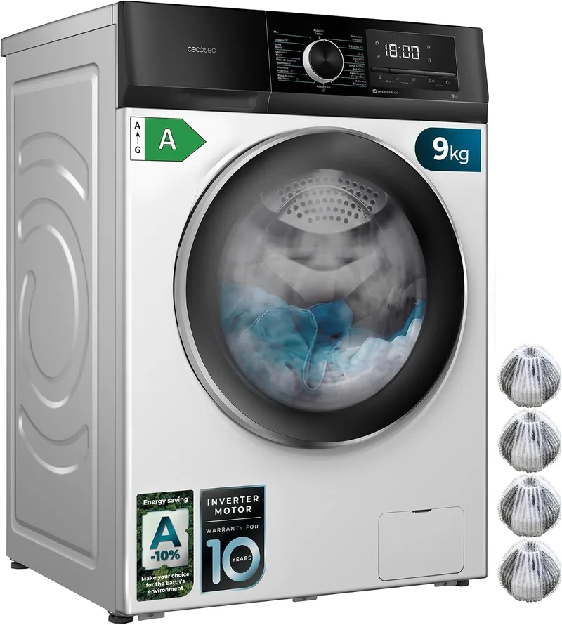 Cecotec ▫️ Máquina de lavar roupa de 9 kg, carregamento frontal, modelo Bolero Dresscode 9500 Inverter A com kit HairCatch, 1900 W, 1400 rpm, motor Inverter Plus, baixo consumo, 16 programas, SteamMax, início diferido, branca
