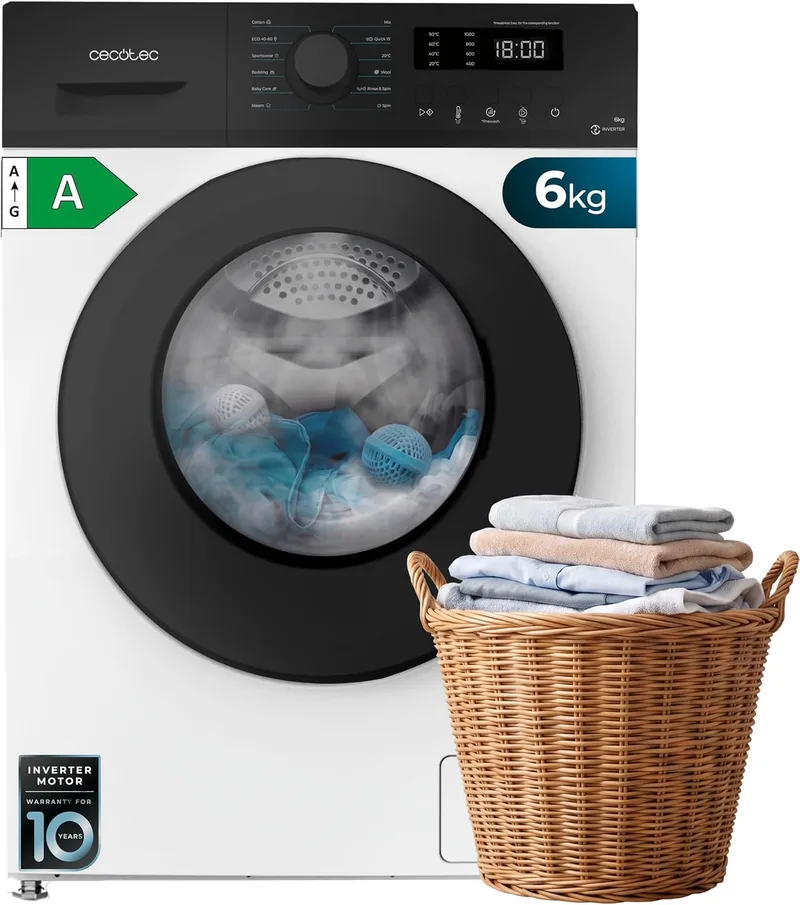 Cecotec ▫️ Máquina de lavar roupa de 6 kg, de carregamento frontal, modelo Bolero DressCode 6150 Inverter com kit HairCatch. 1650 W, 1000 rpm, 12 programas, motor Inverter Plus, Steam Max, Drum Clean, Delay Start e Child Lock.