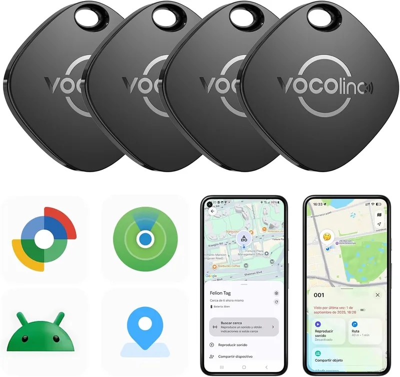 VOCOlinc ▫️ Android Tag Smarttag - Conjunto de 4, Localizador compatível com o Google Locator ou com a aplicação «Encontrar» da Apple para iOS, Localizador Bluetooth para chaves/carteira/bicicleta/mala, bateria substituível