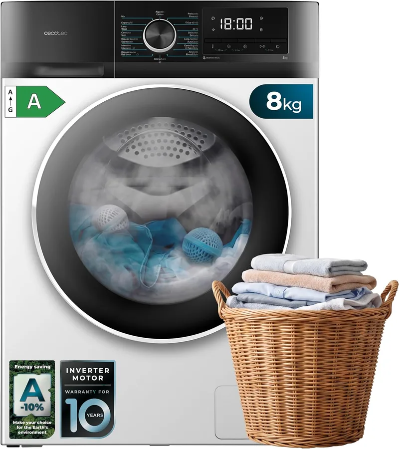 Cecotec ▫️ Máquina de lavar roupa de 8 kg com carregamento frontal Bolero Dresscode 8500 Inverter com kit HairCatch. 1900 W, 1400 rpm, motor Inverter Plus, baixo consumo, 16 programas, SteamMax, início diferido, branca