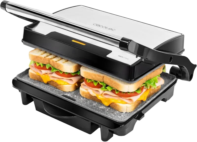 Cecotec ▫️ Grelhador elétrico Rock'Ngrill 1500 Rapid Sear. 1500 W, grelhador, chapa e sanduicheira, revestimento em pedra RockStone, placa superior com altura ajustável, tabuleiro coletor de gordura