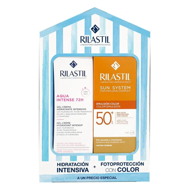 Rilastil ▫️ Pack Top Verão: Emulsão Facial com Cor FPS 50+ + Aqua Intense 72H, Protetor Solar Facial com Cor e Hidratante com Ácido Hialurónico - 40 ml + 40 ml
