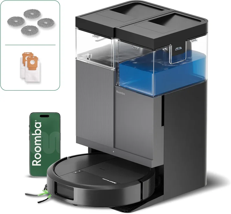 iRobot ▫️ Roomba Plus 415 Combo e Base AutoWash multifunções, robô aspirador e esfregador de chão, 20 000 Pa, esfregona extensível, esfregonas DualClean eleváveis, secagem a calor, LiDAR Clearview, autonomia de 90 dias, preto