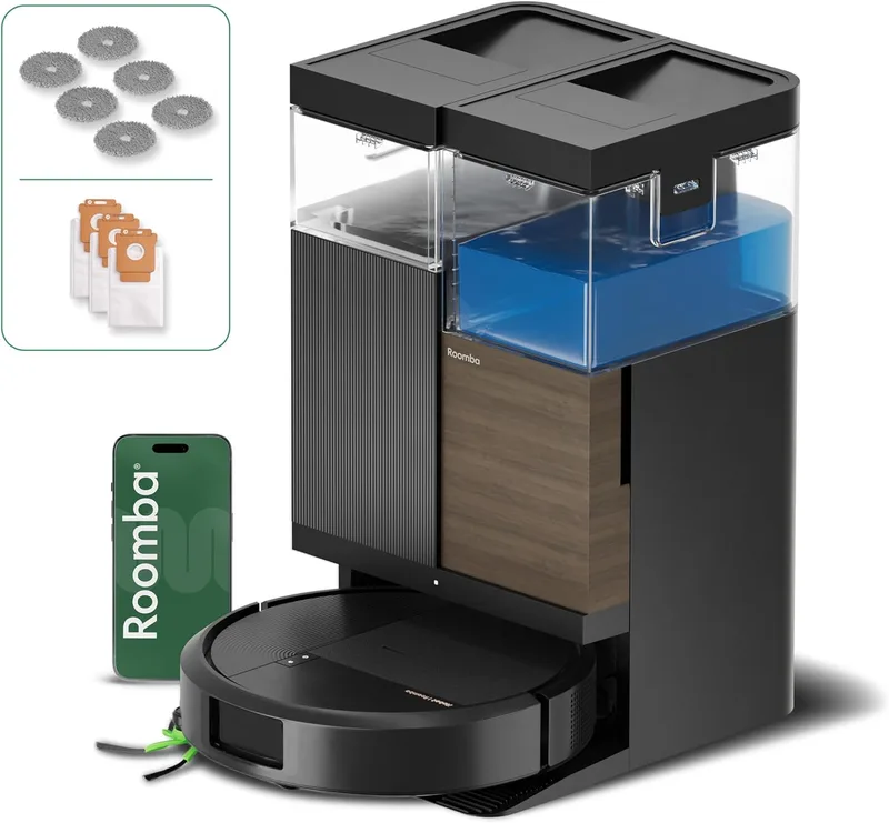 iRobot ▫️ Roomba Plus 576 Combo e Base AutoWash multifunções, 25 kPa, esfregonas DualClean PerfectEdge, lavagem/secagem a quente, IA, PrecisionVision, Clearview Pro LiDAR, 90 dias de autonomia, acessórios adicionais, preto