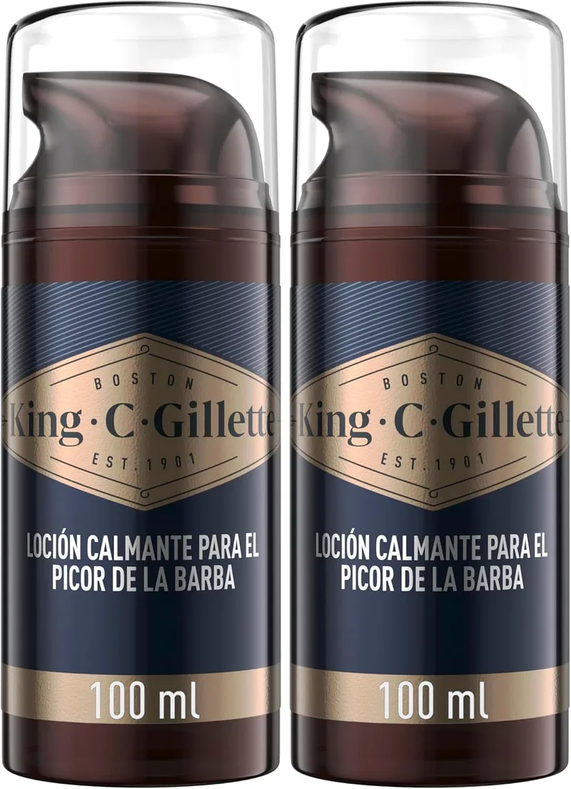 King C. Gillette ▫️ Loção calmante para a irritação da barba, fórmula hidratante e refrescante que reduz a comichão na pele com vitamina B3 e B5, cuidados faciais para homem, 100 ml (2 embalagens)