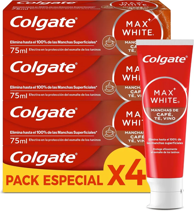 Colgate ▫️ Pasta de dentes branqueadora Max White For Coffee 75 ml, Tea & Wine, elimina até 100% das manchas superficiais, protege o esmalte dos taninos, segura para o esmalte