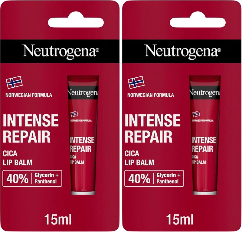 Neutrogena ▫️ Norwegian Formula Cica Intense Repair Lip Balm (1 x 15 ml), bálsamo labial hidratante com 40% de glicerina e pantenol, para lábios secos e danificados (Embalagem de 2)