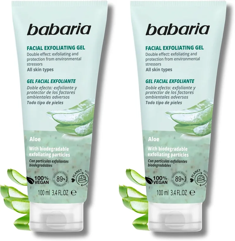 Babaria ▫️ Esfoliante facial com aloé vera 100 ml, elimina células mortas e impurezas | Gel de limpeza facial com partículas esfoliantes biodegradáveis | Produtos de limpeza facial 100% veganos (embalagem de 2)