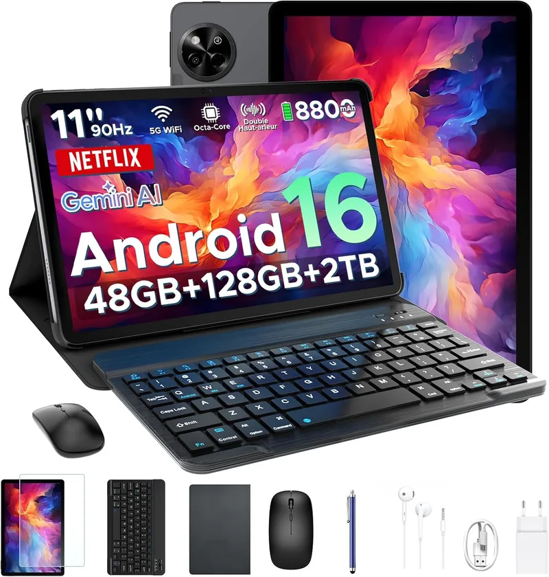 Luzglo ▫️ Tablet P11 Android 16 de 11 polegadas, 48 GB de RAM + 128 GB de ROM/2 TB TF, 90 Hz, T7250 Octa-Core, 8800 mAh, 13 MP + 5 MP, Gemini AI, Widevine L1, ID facial, GPS, OTG, altifalante duplo, Tablet com teclado e caneta, preto