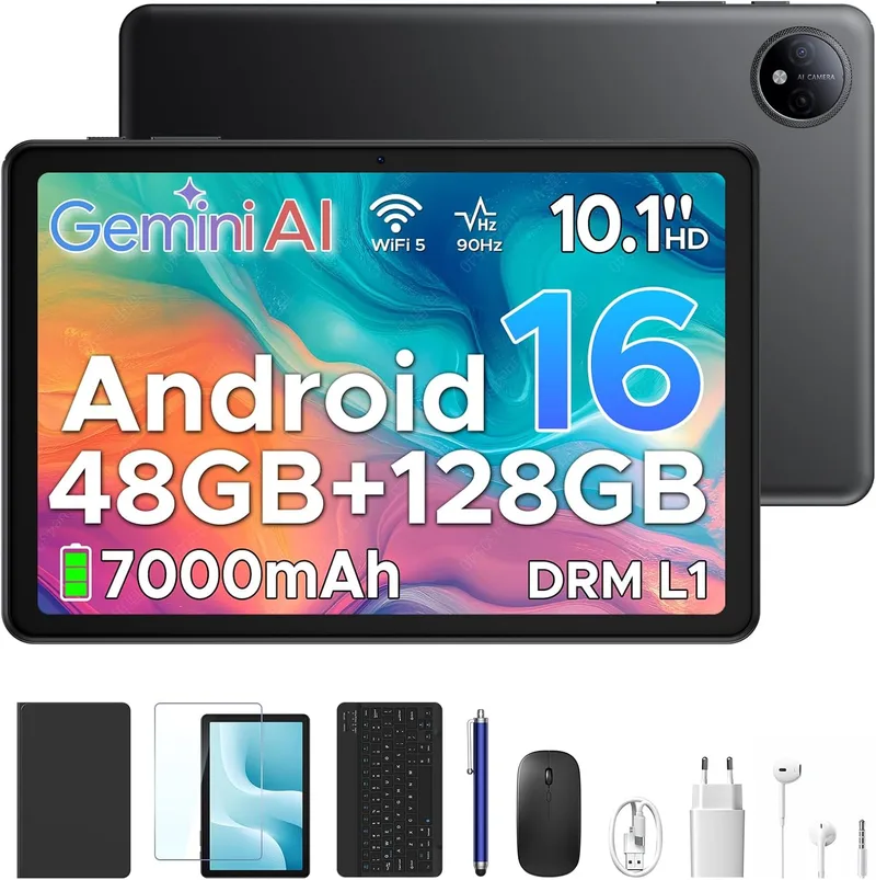 Luzglo ▫️ P10 Tablet Android 16, Tablet de 10 polegadas, 48GB RAM+128GB ROM/2TB TF, Gemini AI, Ecrã 90Hz, 7000mAh, 5W OTG, 5G WiFi, Face ID, OTG, GPS, 3,5mm, Widevine L1, Tablet com teclado e caneta, Preto